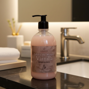 Jabón liquido de manos aroma a vainilla de Lavanya junto al lavabo de un cuarto de baño