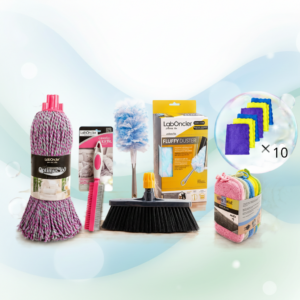 Pack para limpieza semanal, elige tu fregona, escoba, cepillo textil, plumero, Vitro Twist y 10 bayetas de microfibras de Laboncler